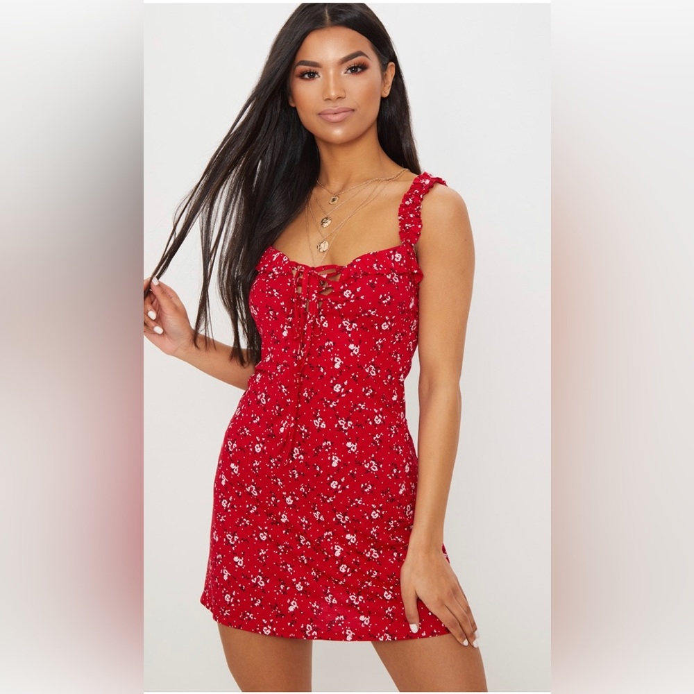 Red Ditsy Floral Print Frill Detail Shift Dress - size 12